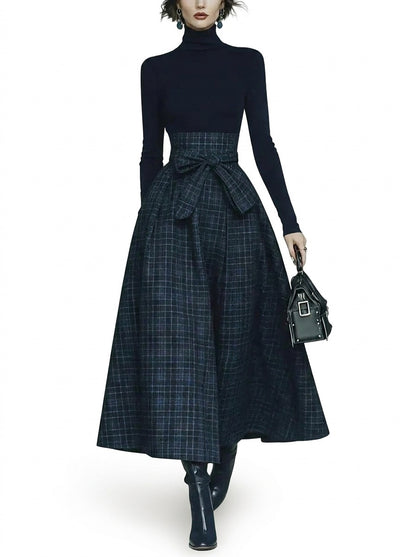 Damen-Set aus Rollkragenoberteil und kariertem Maxirock-Skirt for women-Alpenkind