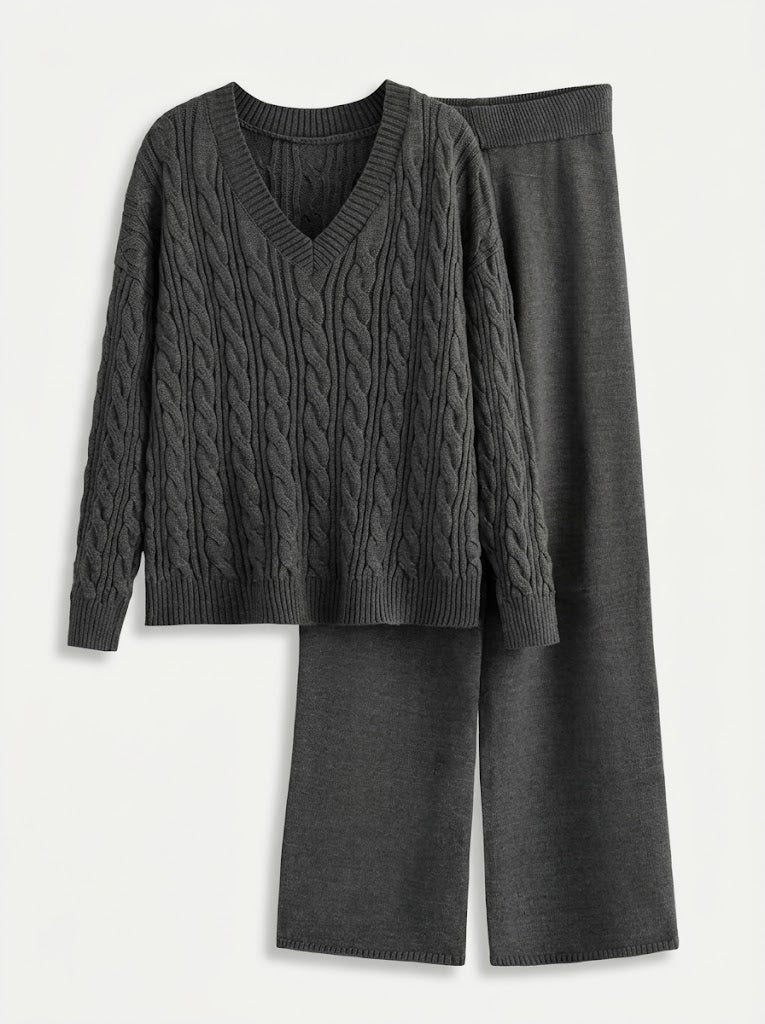 Damen-Set aus V-Ausschnitt-Zopfstrickpullover und Wide-Leg-Hose-Sets for women-Alpenkind