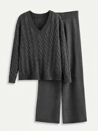 Damen-Set aus V-Ausschnitt-Zopfstrickpullover und Wide-Leg-Hose-Sets for women-Alpenkind