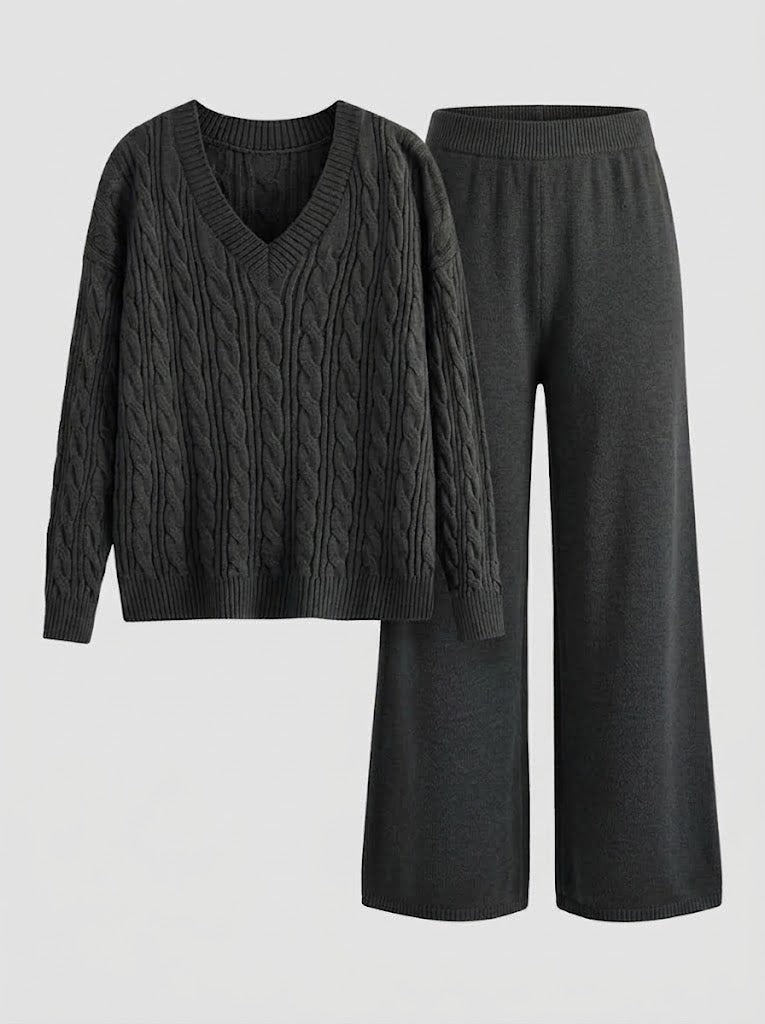 Damen-Set aus V-Ausschnitt-Zopfstrickpullover und Wide-Leg-Hose-Sets for women-Alpenkind