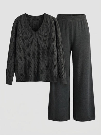 Damen-Set aus V-Ausschnitt-Zopfstrickpullover und Wide-Leg-Hose-Sets for women-Alpenkind