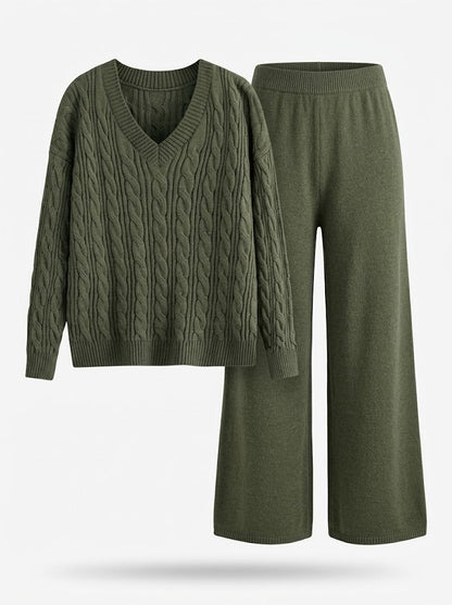 Damen-Set aus V-Ausschnitt-Zopfstrickpullover und Wide-Leg-Hose-Sets for women-Alpenkind
