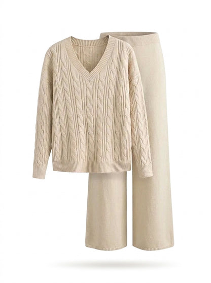 Damen-Set aus V-Ausschnitt-Zopfstrickpullover und Wide-Leg-Hose-Sets for women-Alpenkind
