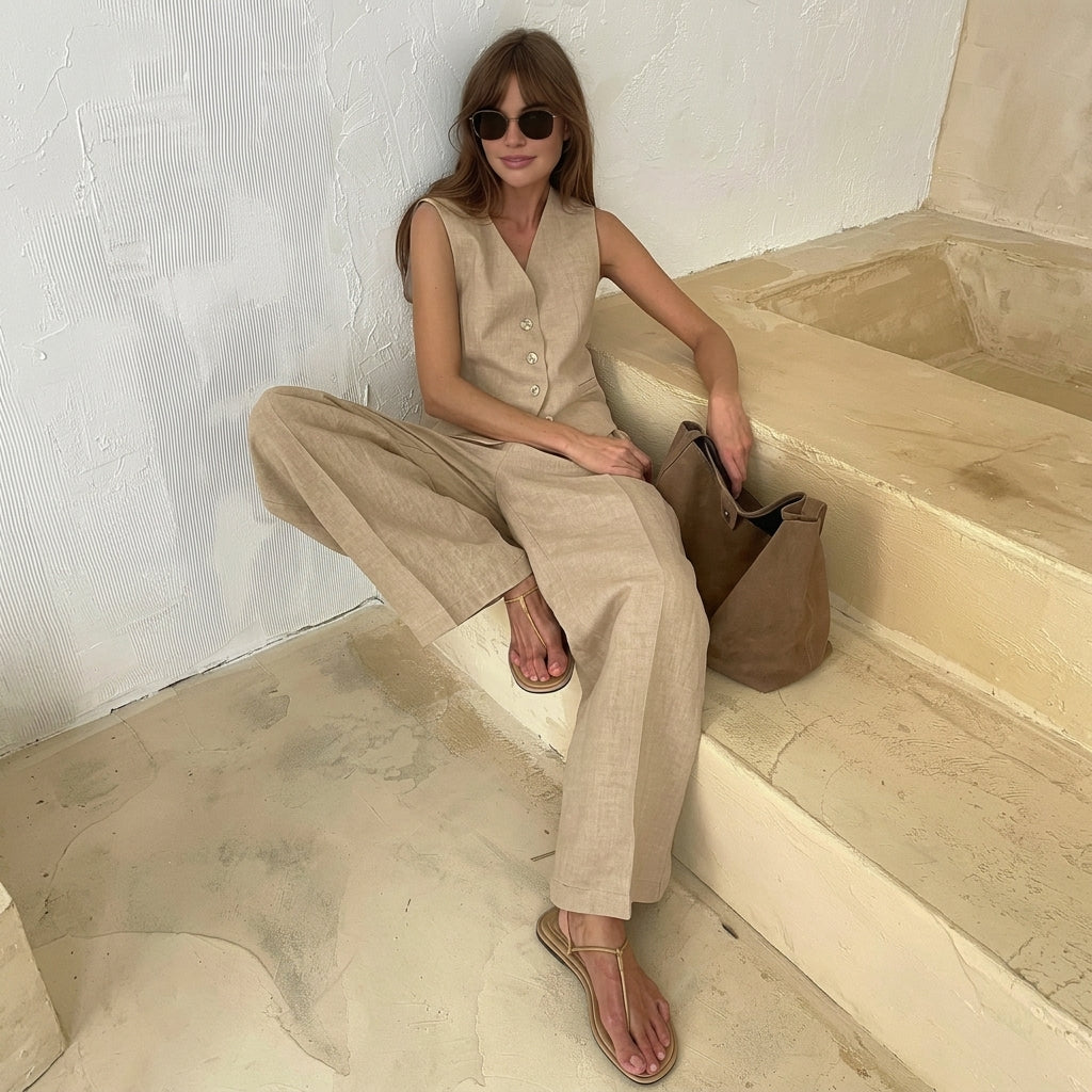 Damen-Set aus Weste mit Knopfleiste und Hose mit weitem Bein-Sets for women-Alpenkind