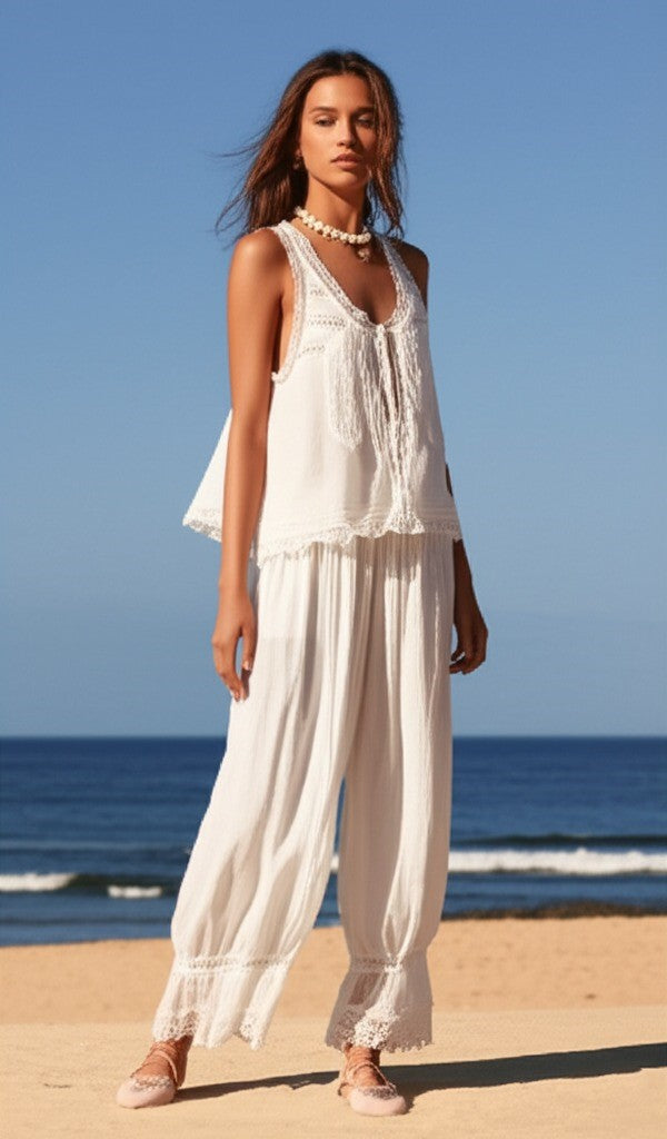 Damen-Set aus Weste mit Spitzenbesatz und Hose mit weitem Bein-Sets for women-Alpenkind