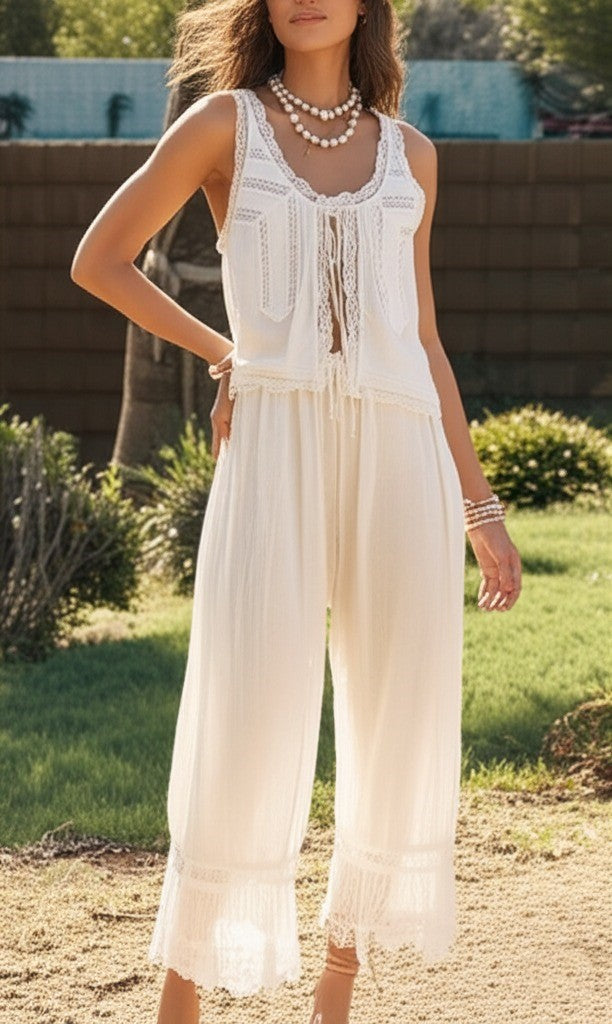 Damen-Set aus Weste mit Spitzenbesatz und Hose mit weitem Bein-Sets for women-Alpenkind