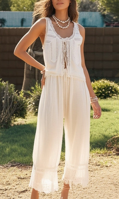 Damen-Set aus Weste mit Spitzenbesatz und Hose mit weitem Bein-Sets for women-Alpenkind