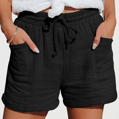 Damen Shorts mit elastischem Bund und Kordelzug sowie aufgesetzten Taschen und umgeschlagenen Säumen-Shorts for women-Alpenkind