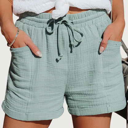 Damen Shorts mit elastischem Bund und Kordelzug sowie aufgesetzten Taschen und umgeschlagenen Säumen-Shorts for women-Alpenkind