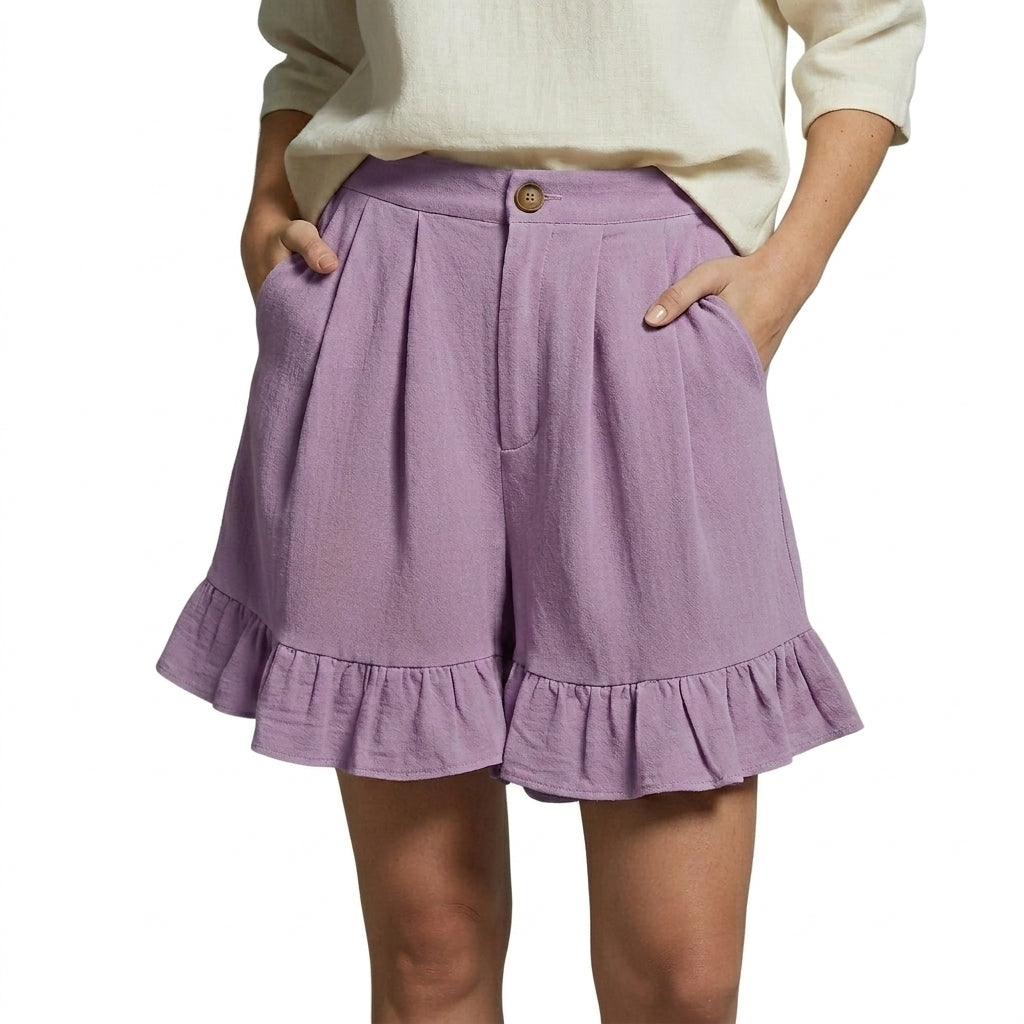 Damen Shorts mit hohem Bund und Falten und Volantsaum und Knopfverschluss-Shorts for women-Alpenkind
