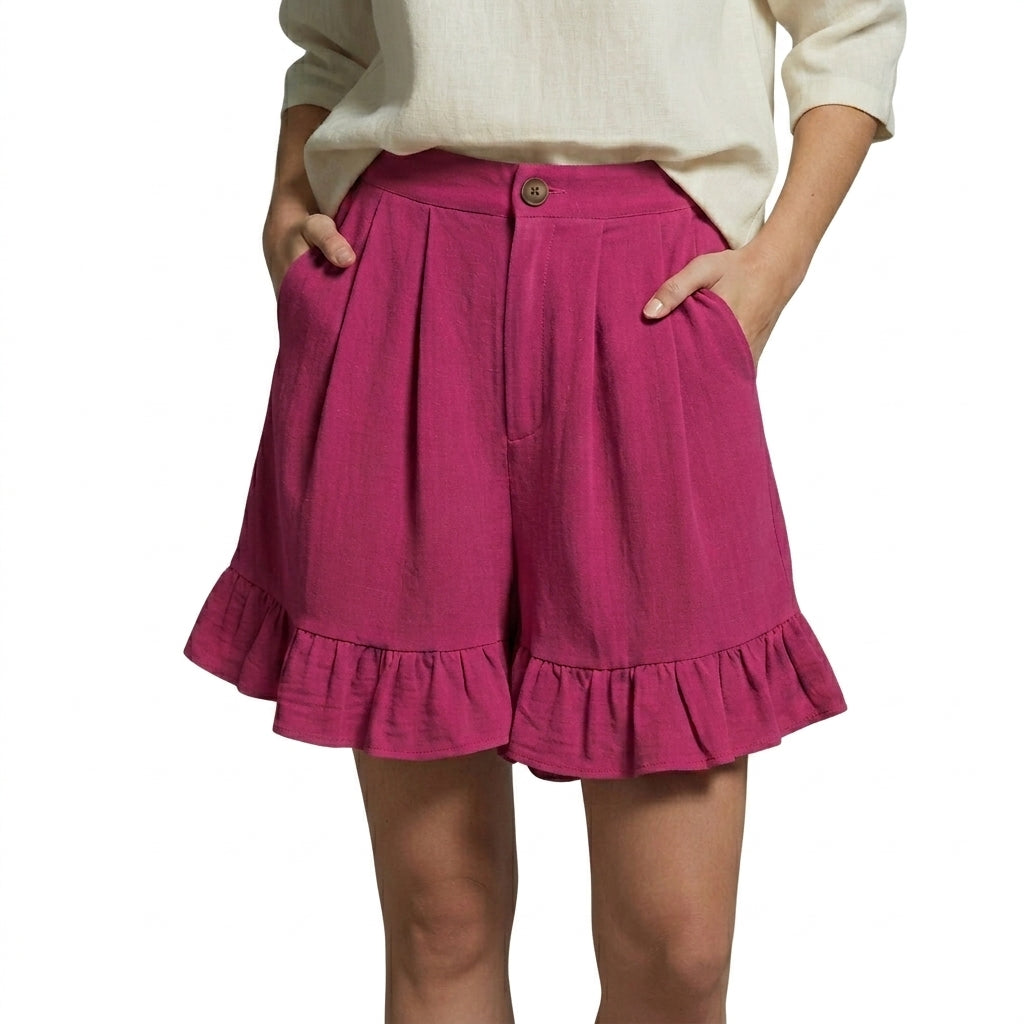 Damen Shorts mit hohem Bund und Falten und Volantsaum und Knopfverschluss-Shorts for women-Alpenkind