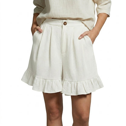 Damen Shorts mit hohem Bund und Falten und Volantsaum und Knopfverschluss-Shorts for women-Alpenkind