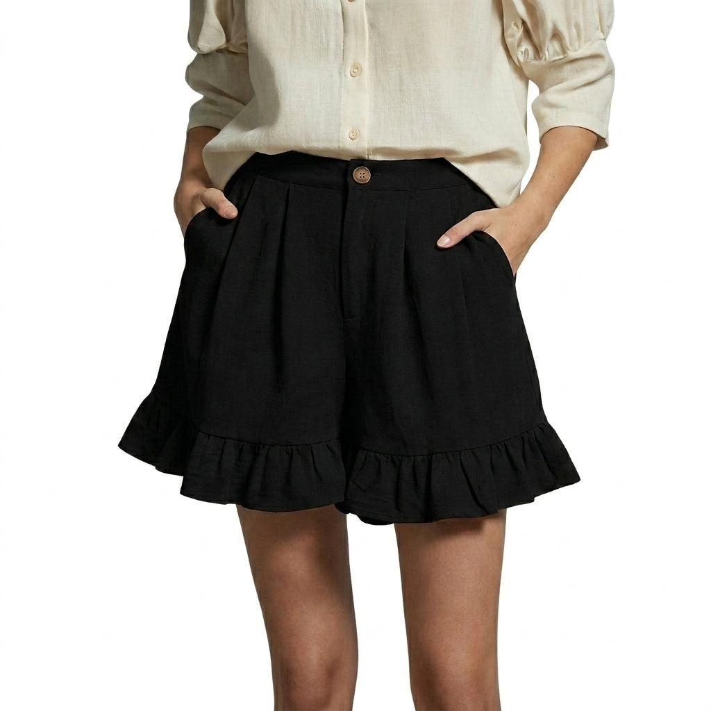 Damen Shorts mit hohem Bund und Falten und Volantsaum und Knopfverschluss-Shorts for women-Alpenkind