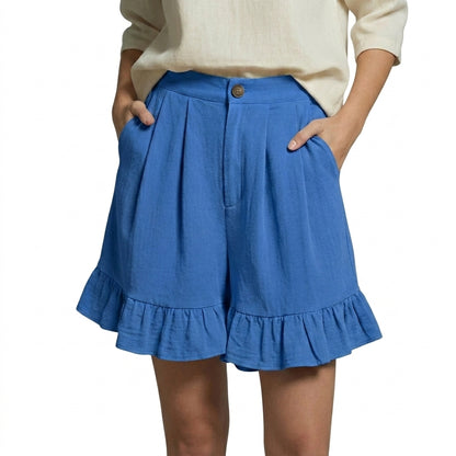 Damen Shorts mit hohem Bund und Falten und Volantsaum und Knopfverschluss-Shorts for women-Alpenkind