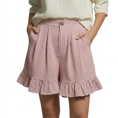 Damen Shorts mit hohem Bund und Falten und Volantsaum und Knopfverschluss-Shorts for women-Alpenkind