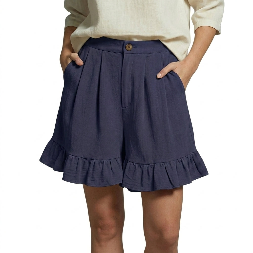 Damen Shorts mit hohem Bund und Falten und Volantsaum und Knopfverschluss-Shorts for women-Alpenkind
