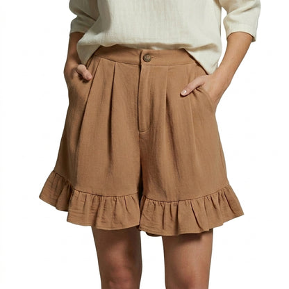 Damen Shorts mit hohem Bund und Falten und Volantsaum und Knopfverschluss-Shorts for women-Alpenkind