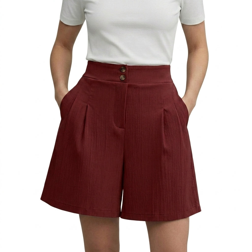Damen Shorts mit hohem Bund und weitem Bein sowie Falten und zwei Knöpfen-Shorts for women-Alpenkind