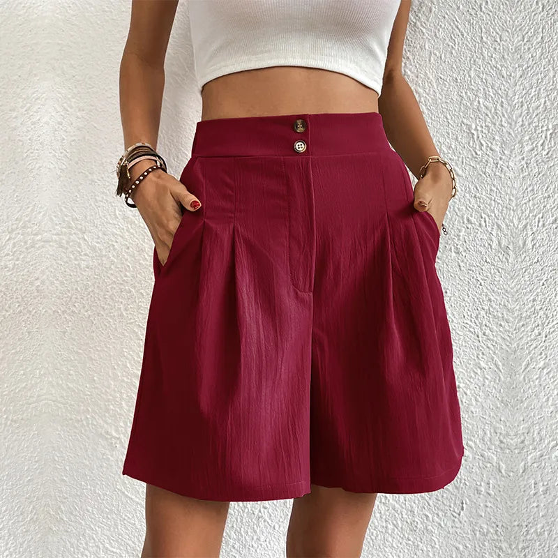 Damen Shorts mit hohem Bund und weitem Bein sowie Falten und zwei Knöpfen-Shorts for women-Alpenkind