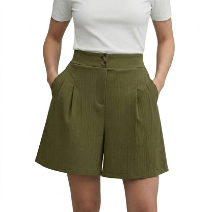 Damen Shorts mit hohem Bund und weitem Bein sowie Falten und zwei Knöpfen-Shorts for women-Alpenkind