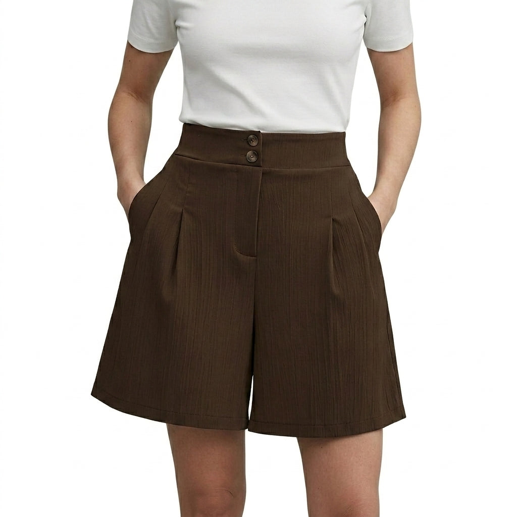 Damen Shorts mit hohem Bund und weitem Bein sowie Falten und zwei Knöpfen-Shorts for women-Alpenkind