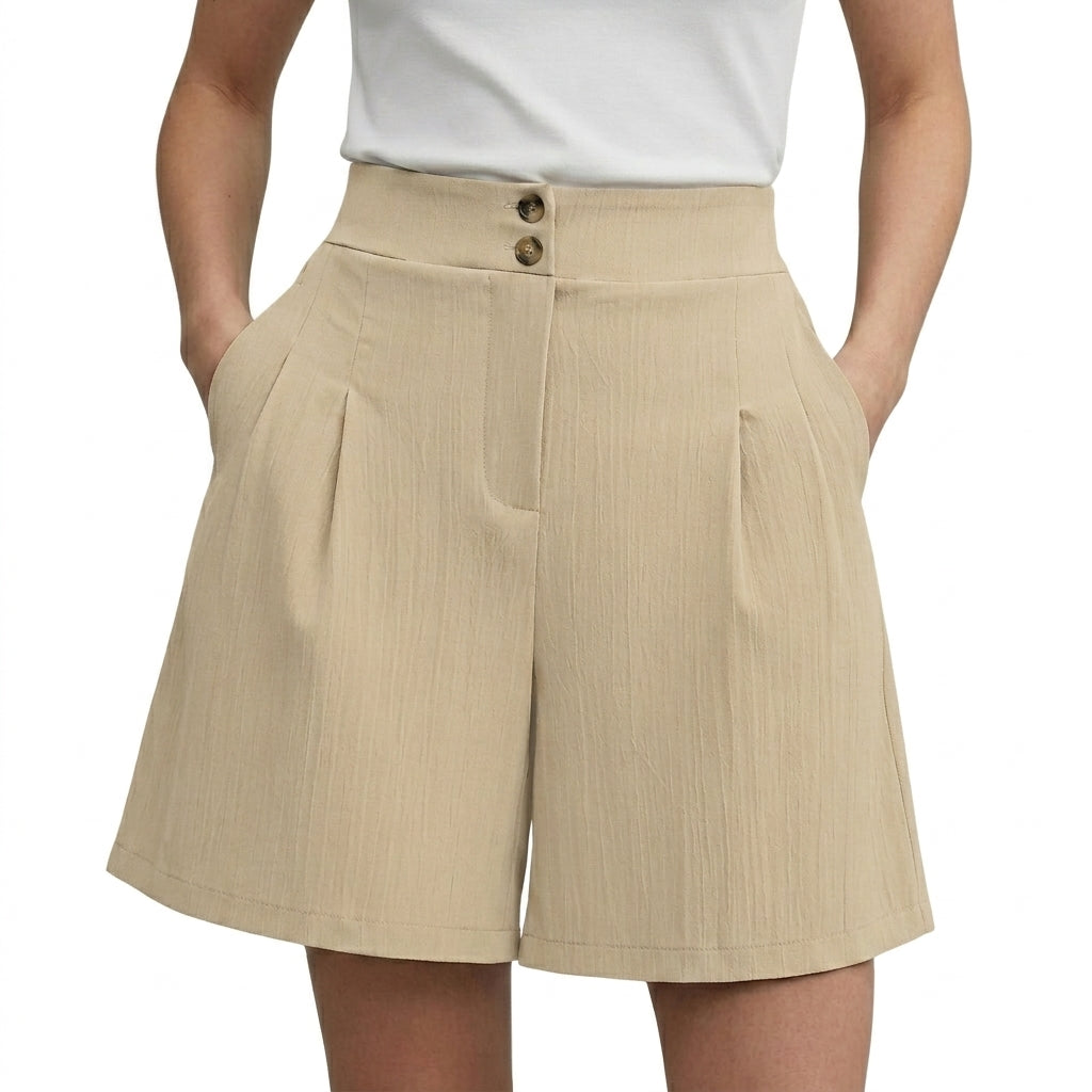 Damen Shorts mit hohem Bund und weitem Bein sowie Falten und zwei Knöpfen-Shorts for women-Alpenkind