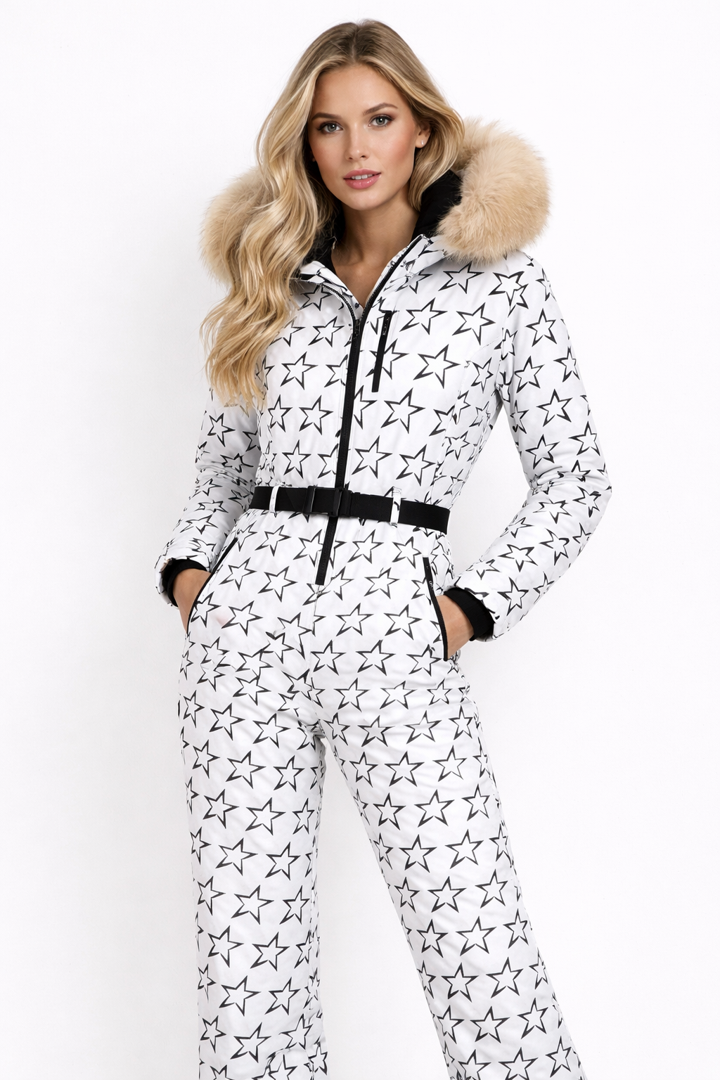 Damen-Skianzug mit Hahnentrittmuster und Kunstfellkapuze-Jumpsuits for women-Alpenkind