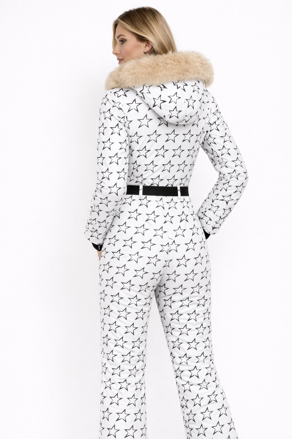 Damen-Skianzug mit Hahnentrittmuster und Kunstfellkapuze-Jumpsuits for women-Alpenkind