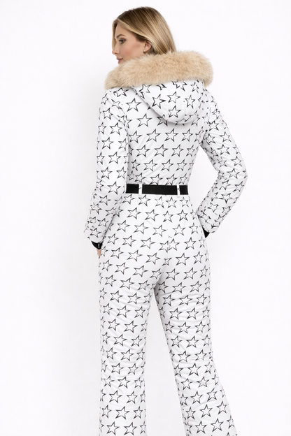 Damen-Skianzug mit Hahnentrittmuster und Kunstfellkapuze-Jumpsuits for women-Alpenkind