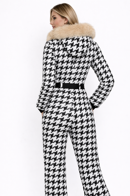 Damen-Skianzug mit Hahnentrittmuster und Kunstfellkapuze-Jumpsuits for women-Alpenkind