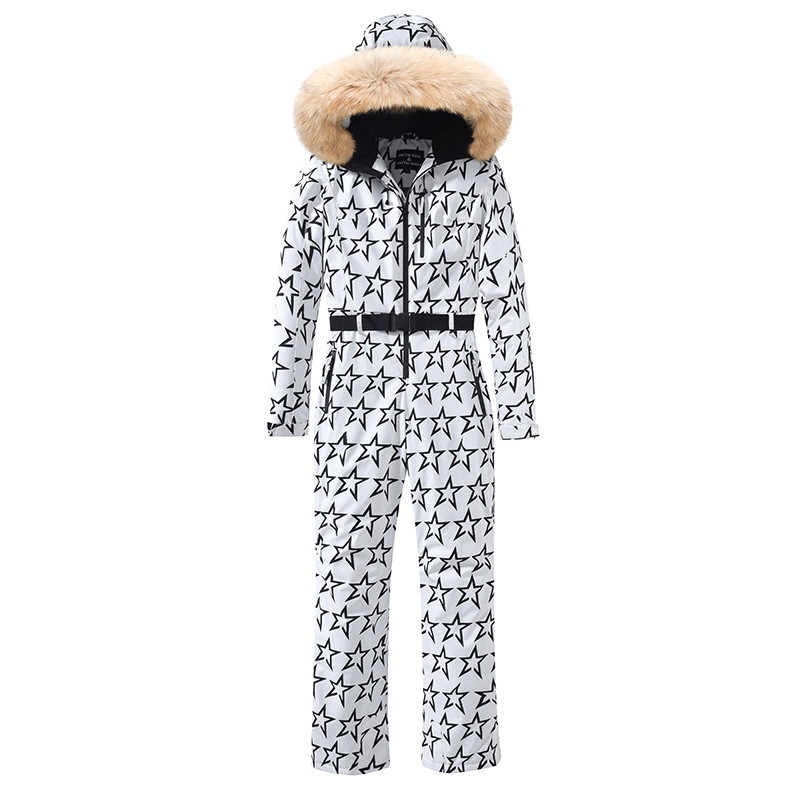 Damen-Skianzug mit Hahnentrittmuster und Kunstfellkapuze-Jumpsuits for women-Alpenkind