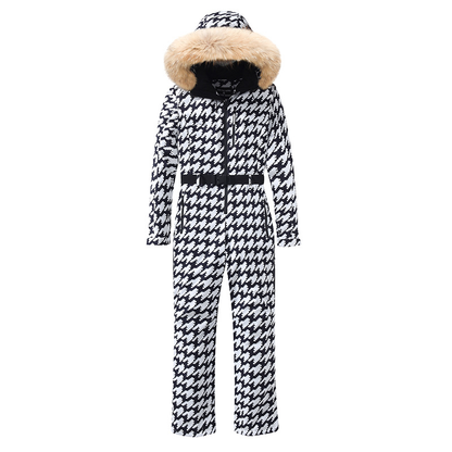 Damen-Skianzug mit Hahnentrittmuster und Kunstfellkapuze-Jumpsuits for women-Alpenkind