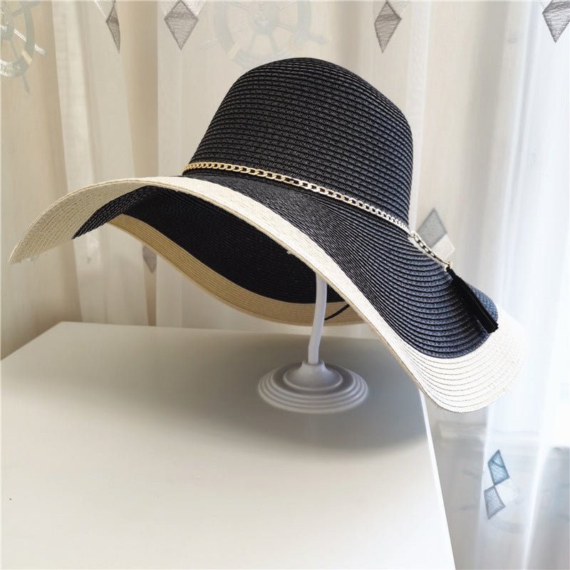 Damen-Sonnenhut mit breiter Krempe, zweifarbig mit Kette-Accessories for Women-Alpenkind