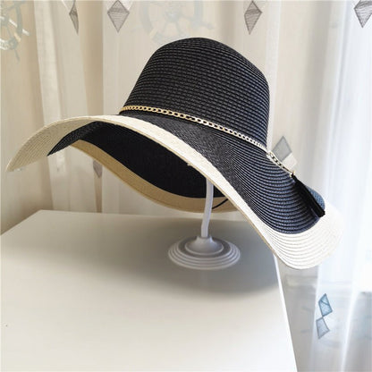 Damen-Sonnenhut mit breiter Krempe, zweifarbig mit Kette-Accessories for Women-Alpenkind