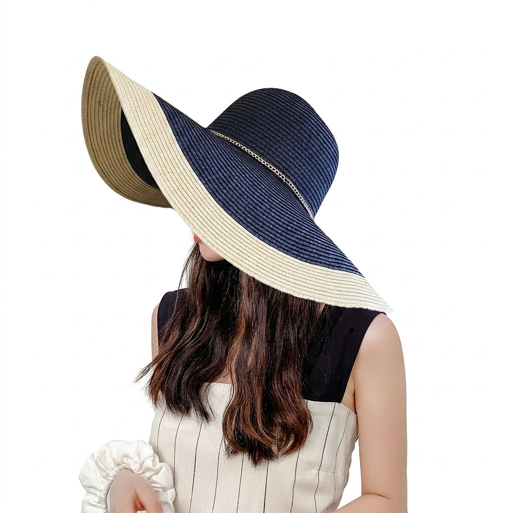 Damen-Sonnenhut mit breiter Krempe, zweifarbig mit Kette-Accessories for Women-Alpenkind