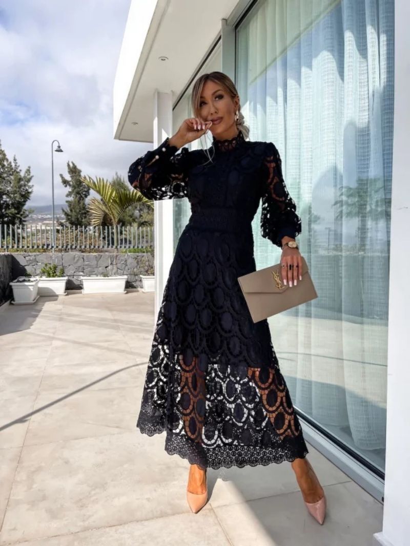 Damen Spitzen-Midikleid mit langen Ärmeln und hohem Kragen-Midi Dress-Alpenkind