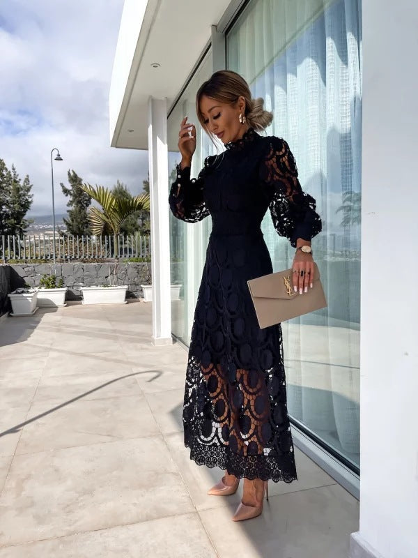 Damen Spitzen-Midikleid mit langen Ärmeln und hohem Kragen-Midi Dress-Alpenkind