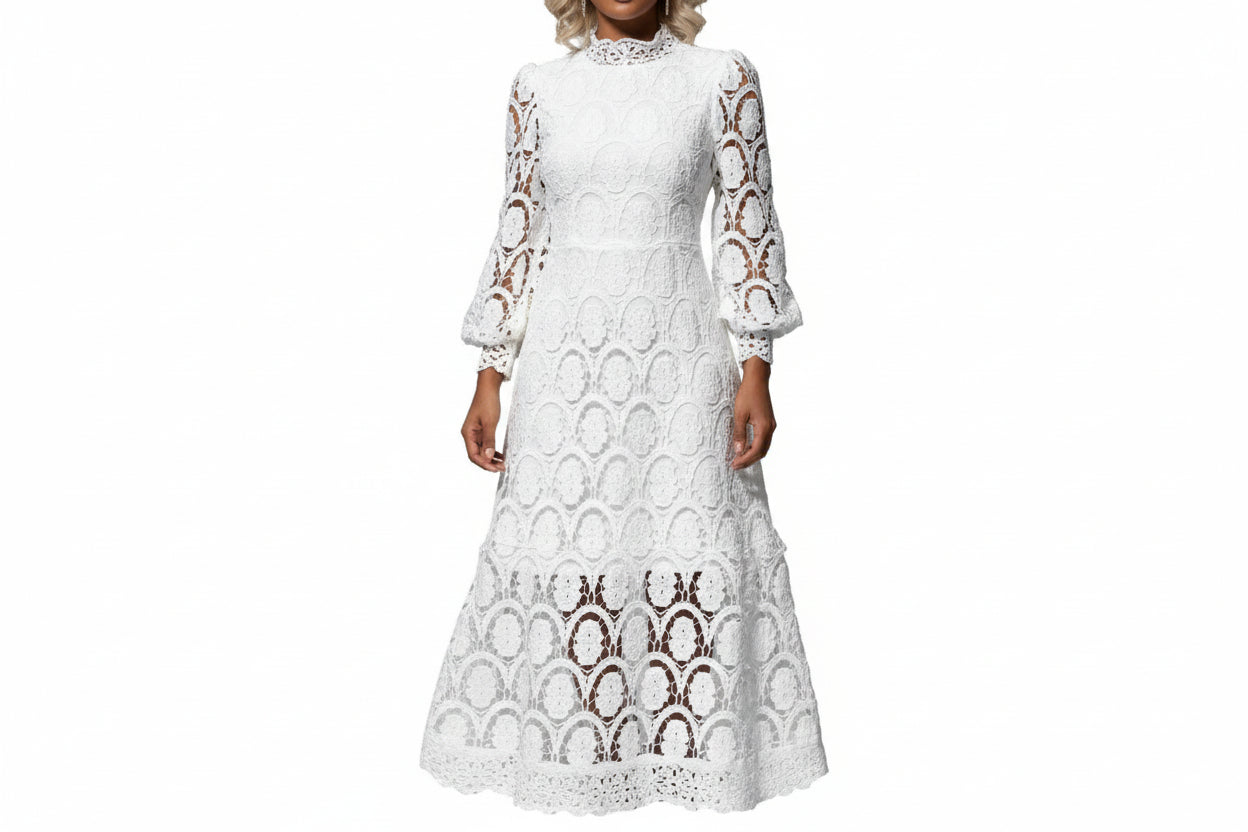 Damen Spitzen-Midikleid mit langen Ärmeln und hohem Kragen-Midi Dress-Alpenkind