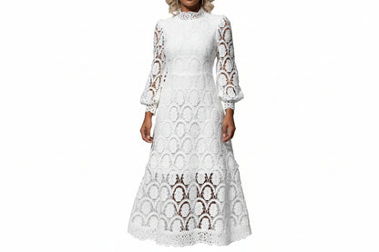 Damen Spitzen-Midikleid mit langen Ärmeln und hohem Kragen-Midi Dress-Alpenkind