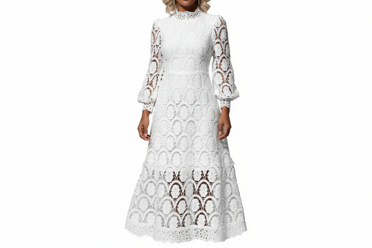 Damen Spitzen-Midikleid mit langen Ärmeln und hohem Kragen-Midi Dress-Alpenkind