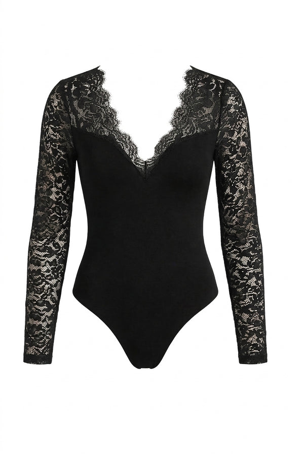 Damen Spitzenärmel Bodybluse mit tiefem Ausschnitt-Blouses for women-Alpenkind
