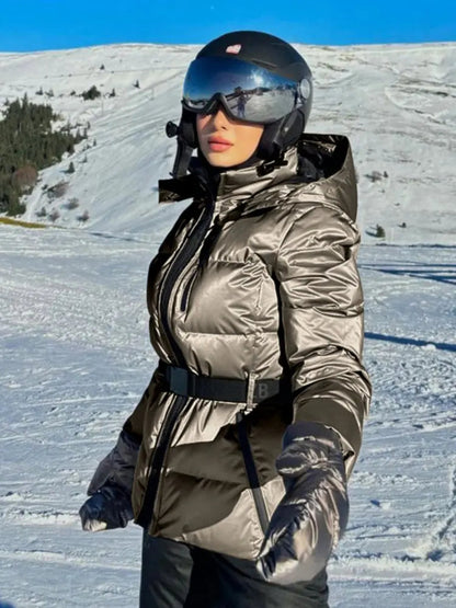 Damen-Steppjacke mit Gürtel und Kapuze-Jacket for women-Alpenkind