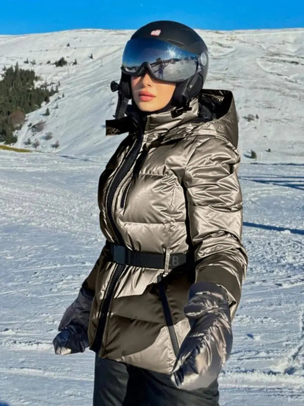 Damen-Steppjacke mit Gürtel und Kapuze-Jacket for women-Alpenkind