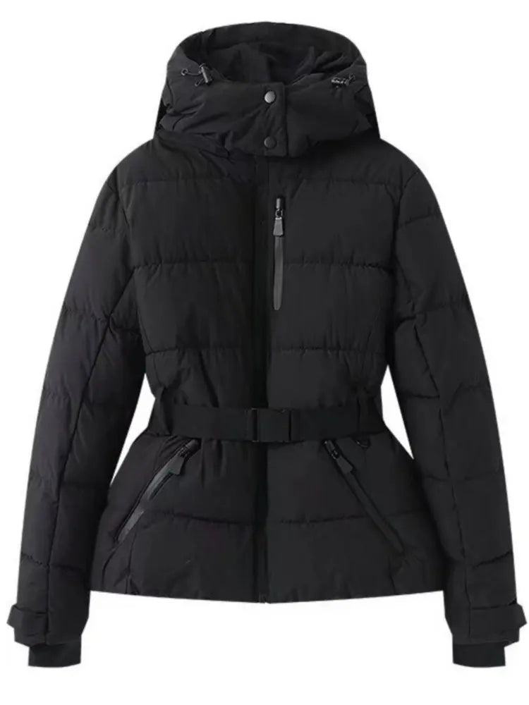 Damen-Steppjacke mit Gürtel und Kapuze-Jacket for women-Alpenkind