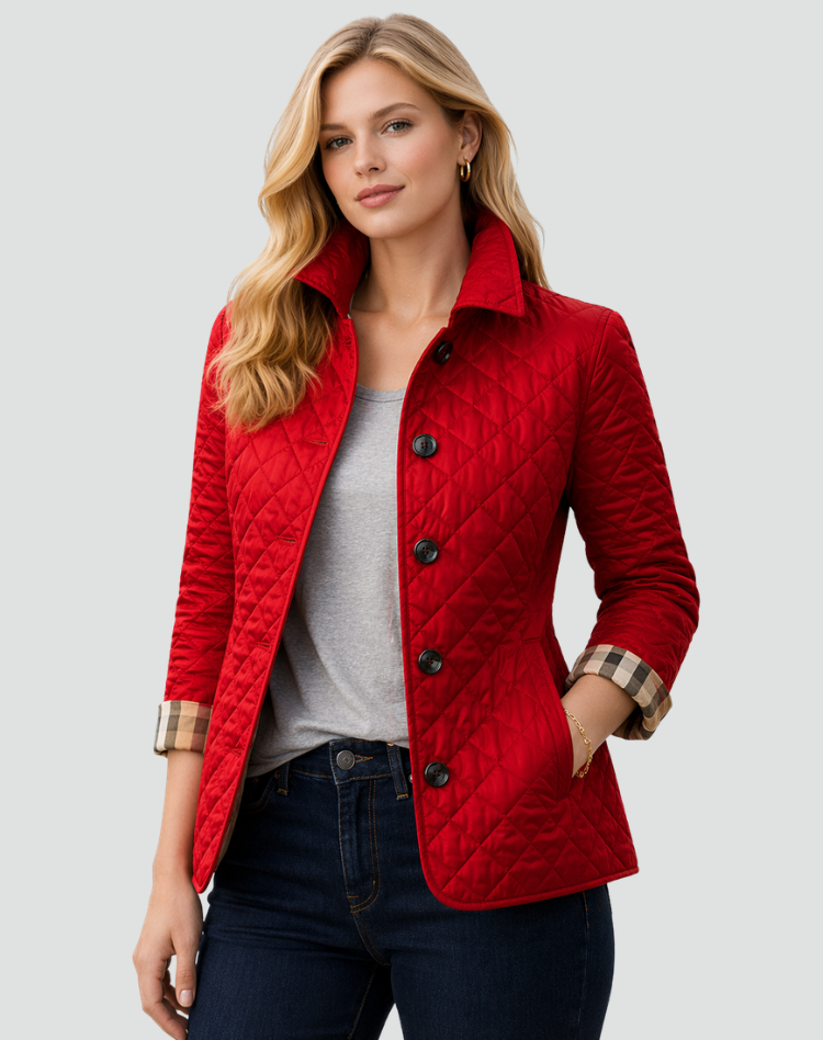 Damen-Steppjacke mit Knopfleiste und Karomuster-Manschetten-Jacket for women-Alpenkind