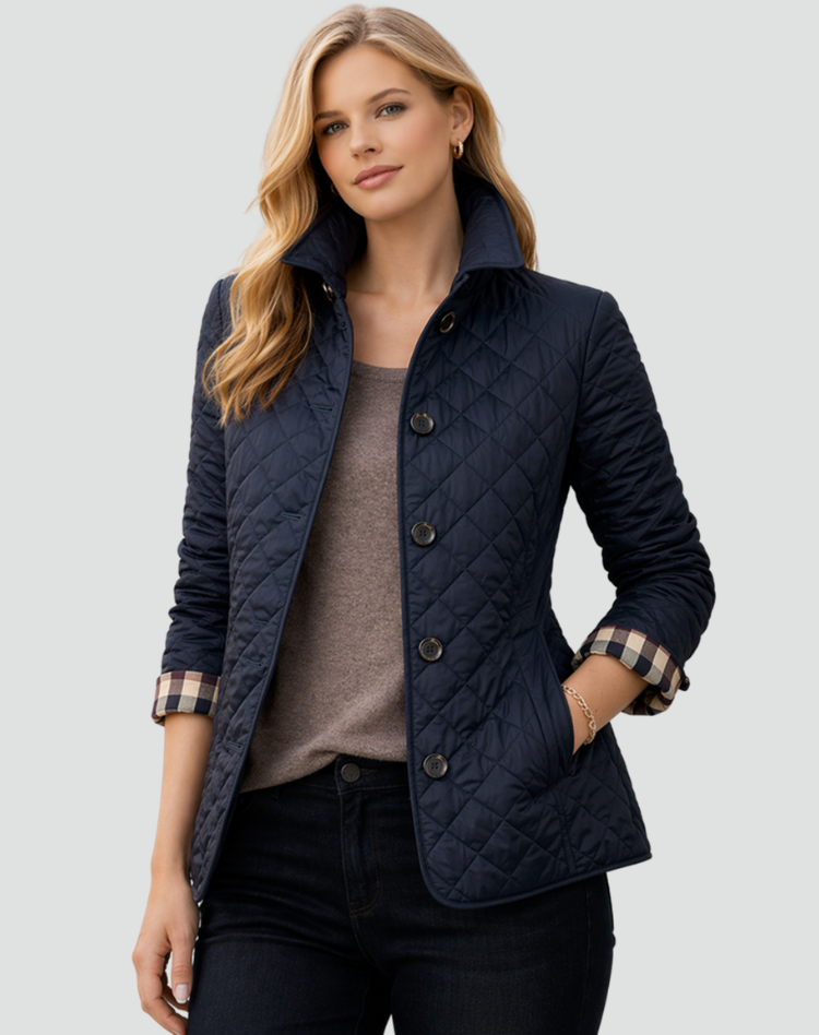 Damen-Steppjacke mit Knopfleiste und Karomuster-Manschetten-Jacket for women-Alpenkind