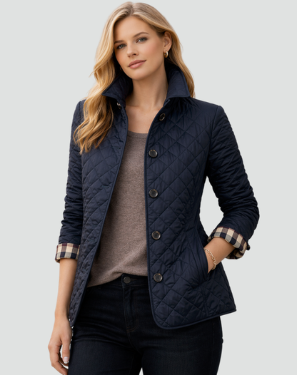 Damen-Steppjacke mit Knopfleiste und Karomuster-Manschetten-Jacket for women-Alpenkind
