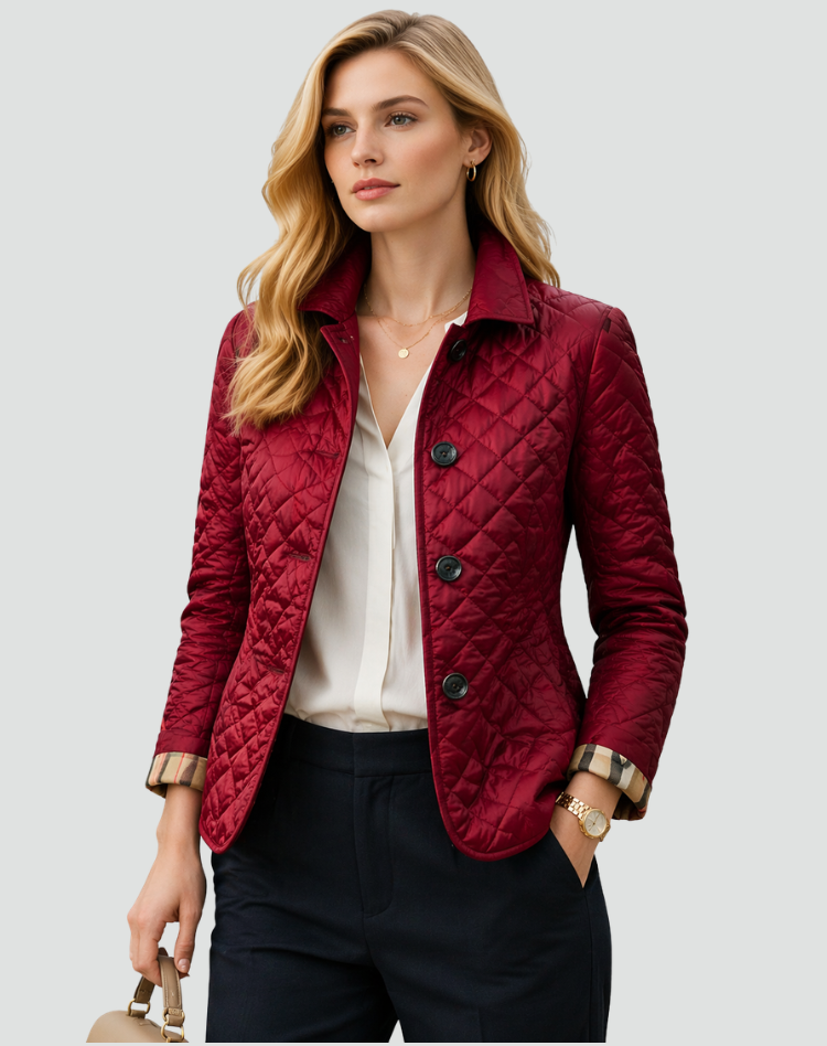 Damen-Steppjacke mit Knopfleiste und Karomuster-Manschetten-Jacket for women-Alpenkind