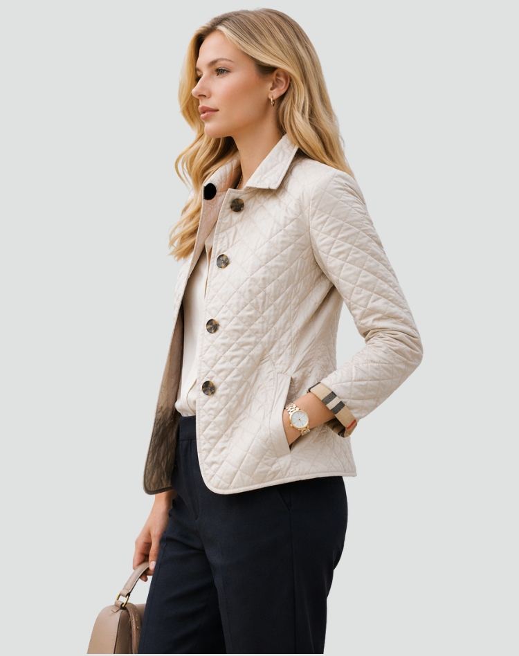 Damen-Steppjacke mit Knopfleiste und Karomuster-Manschetten-Jacket for women-Alpenkind