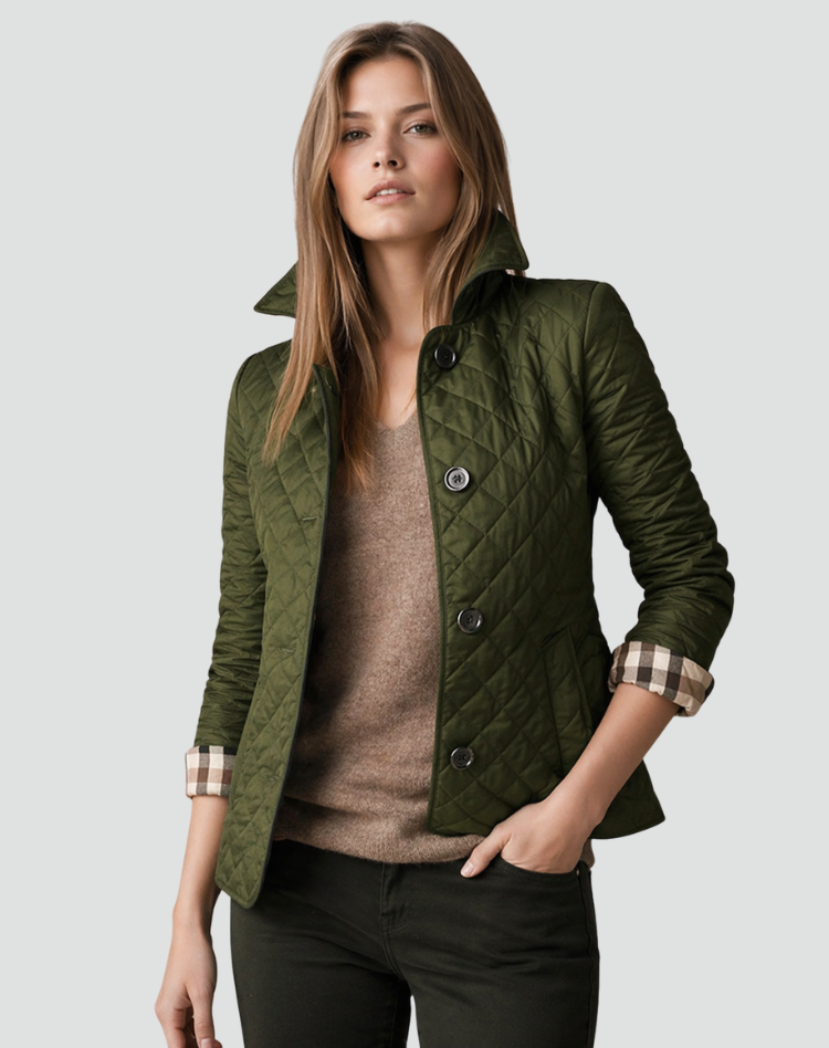 Damen-Steppjacke mit Knopfleiste und Karomuster-Manschetten-Jacket for women-Alpenkind